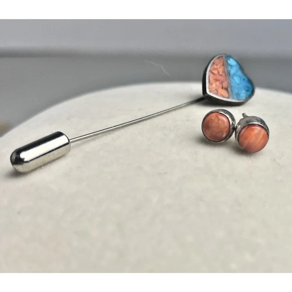 Vintage 925 Sterling Silver Coral Turquoise Inlay Heart Stick Pin Stud Earrings